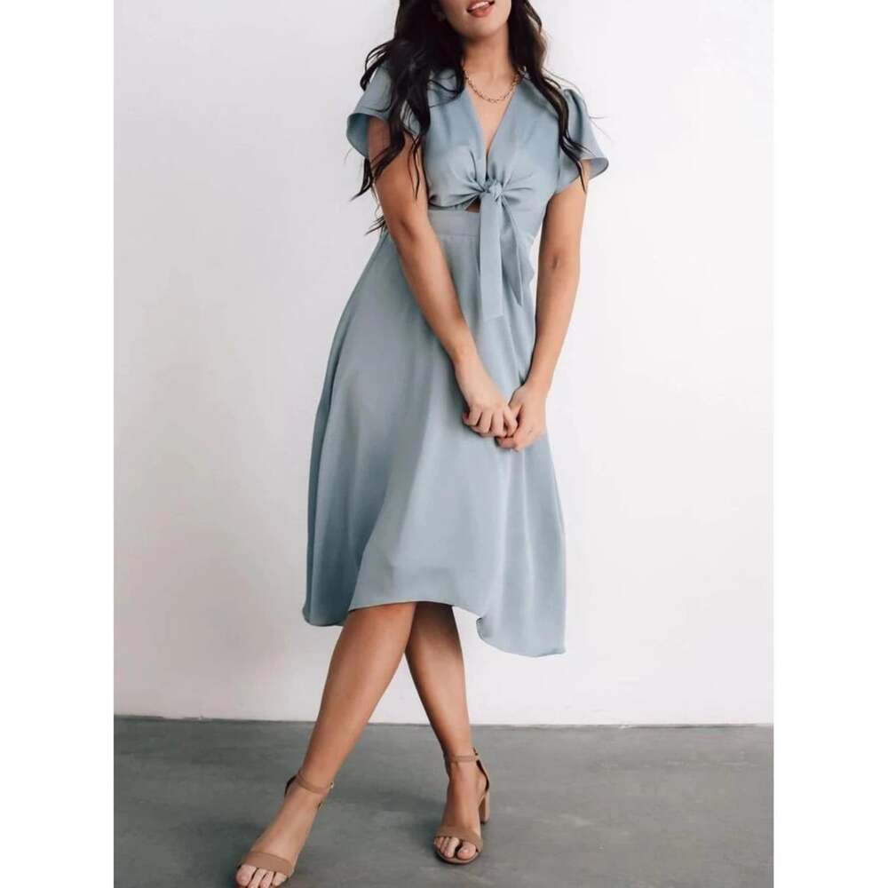 Baltic Born Women 2XL Poppy Satin Midi Dress Light Blue Silky Tie V Neck Wedding
